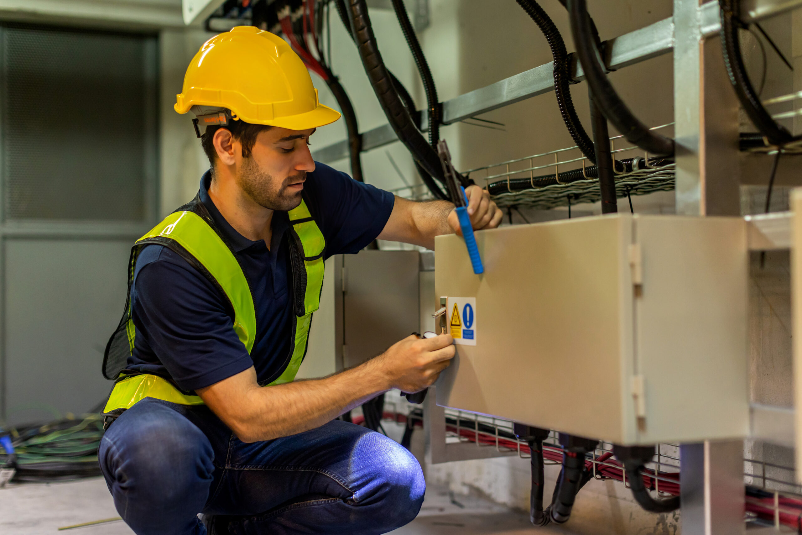 Electrical engineer working in control room. Electrical engineer man checking Power Distribution Cabinet in the control room